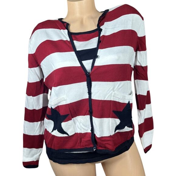 Vtg TALBOTS Red White Blue Stars Stripes 2 Pc Cardigan Sweater Set Patriotic S - Picture 1 of 13